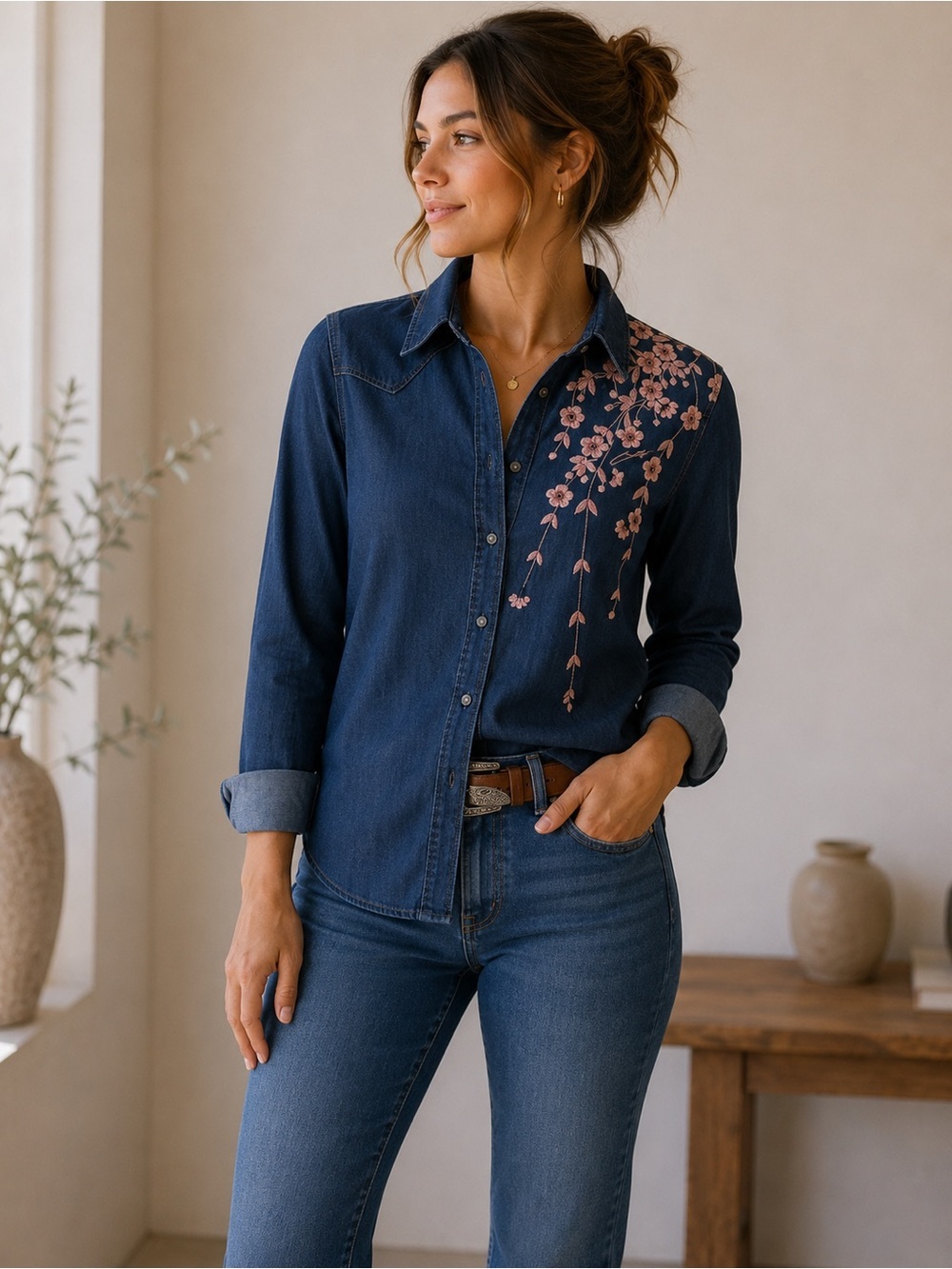 Guess Blue  Button Down Shirt with Pink Floral Embroidery Size M Boho Western